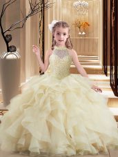 Affordable Light Yellow Sleeveless Tulle Brush Train Lace Up Pageant Gowns For Girls for Party and Sweet 16 and Wedding Party
