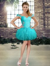 Glorious Aqua Blue Lace Up Off The Shoulder Beading and Ruffles Glitz Pageant Dress Tulle Sleeveless