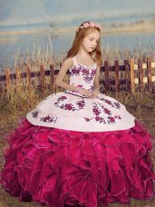 Best Hot Pink Organza Lace Up Evening Gowns Sleeveless Floor Length Embroidery and Ruffles