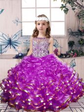 Perfect Lilac Organza Lace Up Scoop Sleeveless Floor Length Girls Pageant Dresses Beading and Ruffles