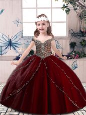 Floor Length Wine Red Pageant Dress for Girls Tulle Sleeveless Beading