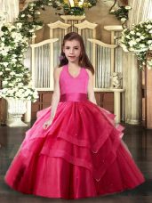 Customized Sleeveless Floor Length Ruffled Layers Lace Up Little Girls Pageant Dress with Hot Pink