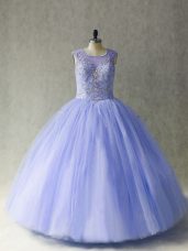Unique Tulle Scoop Sleeveless Lace Up Beading 15 Quinceanera Dress in Lavender