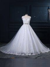 Cute White Tulle Zipper Bridal Gown Sleeveless Brush Train Beading and Lace