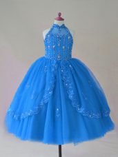 Popular Floor Length Blue Kids Formal Wear High-neck Sleeveless Lace Up