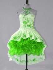 Low Price Green Satin and Organza Lace Up Halter Top Sleeveless High Low Party Dress for Girls Embroidery and Ruffles