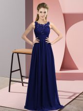 Smart Navy Blue Empire Chiffon Scoop Sleeveless Beading and Appliques Floor Length Zipper Dama Dress for Quinceanera