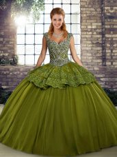 Admirable Floor Length Lace Up Vestidos de Quinceanera Olive Green for Military Ball and Sweet 16 and Quinceanera with Beading and Appliques