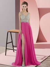 Sweep Train Empire Hot Pink V-neck Chiffon Sleeveless Zipper