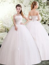 Floor Length White Wedding Dresses Tulle Sleeveless Appliques and Ruching