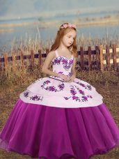 Fuchsia Ball Gowns Organza Straps Sleeveless Embroidery High Low Lace Up Little Girl Pageant Gowns
