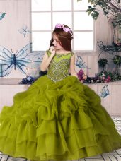 Most Popular Olive Green Sleeveless Floor Length Beading and Pick Ups Zipper Kids Formal Wear