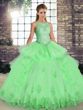 Floor Length Vestidos de Quinceanera Tulle Sleeveless Lace and Embroidery and Ruffles