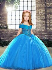 Baby Blue Lace Up Girls Pageant Dresses Beading Sleeveless Brush Train