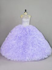 High Class Lavender Ball Gowns Organza Halter Top Sleeveless Beading and Ruffles Lace Up Ball Gown Prom Dress