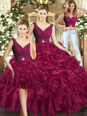 Beautiful Burgundy Organza Backless V-neck Sleeveless Floor Length Quinceanera Gown Ruffles