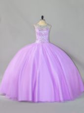 Lavender Tulle Zipper Scoop Sleeveless Floor Length Ball Gown Prom Dress Sequins