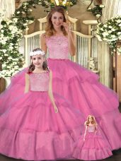 Hot Pink Sleeveless Tulle Zipper Sweet 16 Dresses for Military Ball and Sweet 16 and Quinceanera