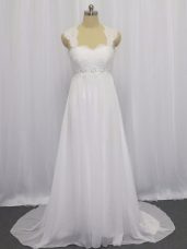 Brush Train Empire Wedding Gowns White Straps Chiffon Sleeveless Lace Up