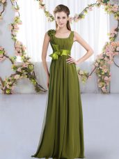 Chiffon Straps Sleeveless Zipper Belt and Hand Made Flower Bridesmaid Dress in Olive Green