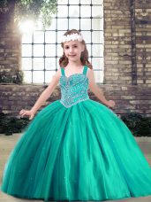 Fashionable Turquoise Sleeveless Floor Length Beading Side Zipper Pageant Dresses