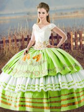V-neck Neckline Embroidery and Ruffled Layers Quinceanera Gown Sleeveless Lace Up