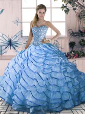 New Style Sweetheart Sleeveless Brush Train Lace Up Quinceanera Dresses Blue