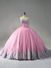 Sweetheart Sleeveless Court Train Lace Up Quinceanera Dress Pink Tulle