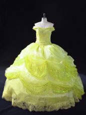 Yellow Green Lace Up Off The Shoulder Lace and Sequins Ball Gown Prom Dress Organza Sleeveless