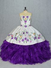 White And Purple Organza Lace Up Sweetheart Sleeveless Floor Length 15th Birthday Dress Embroidery and Ruffles