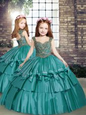 New Arrival Teal Sleeveless Beading Floor Length Little Girls Pageant Dress