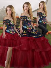 Simple Wine Red Off The Shoulder Lace Up Embroidery and Ruffled Layers Quinceanera Dresses Brush Train Sleeveless
