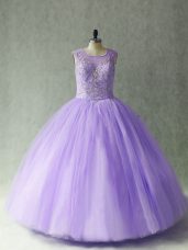 Lavender Ball Gowns Scoop Sleeveless Tulle Floor Length Lace Up Beading Quinceanera Gowns