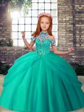 Turquoise Tulle Lace Up Kids Pageant Dress Sleeveless Floor Length Beading