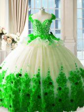 Traditional Scoop Sleeveless Brush Train Zipper 15 Quinceanera Dress Green Tulle