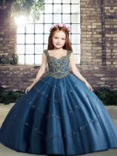 Floor Length Blue Little Girls Pageant Dress Wholesale Straps Sleeveless Lace Up