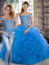 Tulle Sleeveless 15 Quinceanera Dress Brush Train and Beading and Ruffles