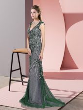 Perfect Dark Green Zipper Evening Wear Beading Sleeveless Sweep Train