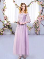 Amazing Lavender Empire Lace and Belt Court Dresses for Sweet 16 Side Zipper Tulle Half Sleeves Floor Length