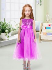 Elegant Lilac Zipper Scoop Sequins and Hand Made Flower Flower Girl Dresses Organza Sleeveless