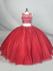 Red Zipper Quinceanera Dress Beading and Appliques Sleeveless Floor Length