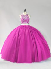 Fuchsia Sleeveless Beading Floor Length Ball Gown Prom Dress