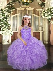 Best Lavender Ball Gowns Halter Top Sleeveless Organza Floor Length Lace Up Beading and Ruffles Pageant Dress for Girls