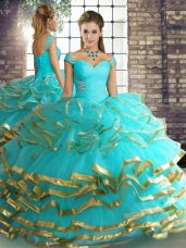 Cheap Off The Shoulder Sleeveless Lace Up Sweet 16 Dress Aqua Blue Tulle
