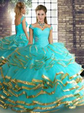 Cheap Off The Shoulder Sleeveless Lace Up Sweet 16 Dress Aqua Blue Tulle