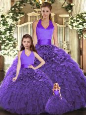 Floor Length Lace Up 15th Birthday Dress Purple for Sweet 16 and Quinceanera with Ruffles