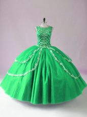 Vintage Floor Length Green Quinceanera Gowns Tulle Sleeveless Beading
