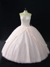 New Arrival Halter Top Sleeveless Sweet 16 Dress Floor Length Beading and Appliques Pink Tulle