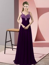 High End Dark Purple Chiffon Zipper Prom Gown Sleeveless Floor Length Beading