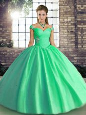 Turquoise Ball Gowns Off The Shoulder Sleeveless Tulle Floor Length Lace Up Beading Quinceanera Dresses